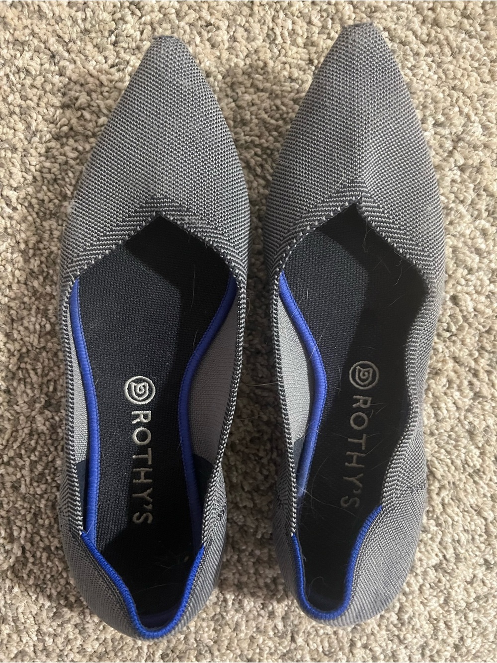 Rothy's Pointed Flats in Heather Gray with Neon Green Insole and Navy Stitching